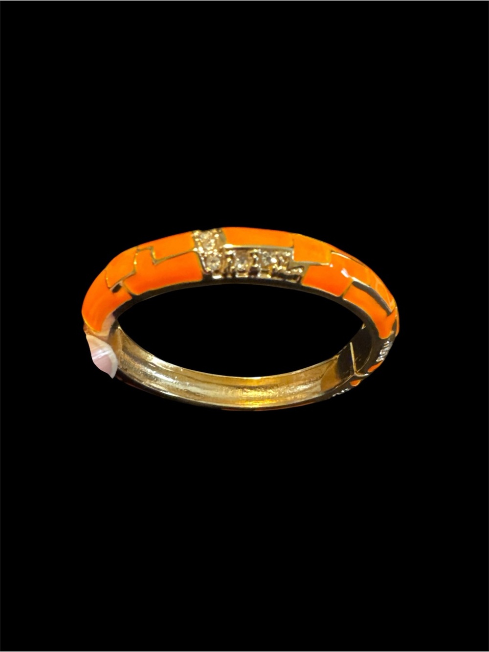 Gold Plated Orange Enamel Hinged Bangle Bracelet with Crystal Accent